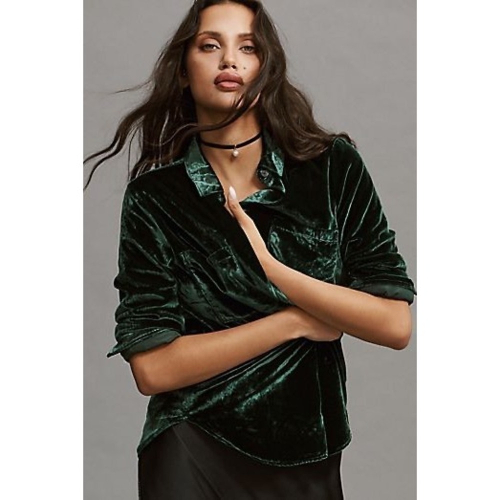 Anthropologie Pilcro The Hadley Relaxed Button Down‎ Green Velvet Shirt Medium